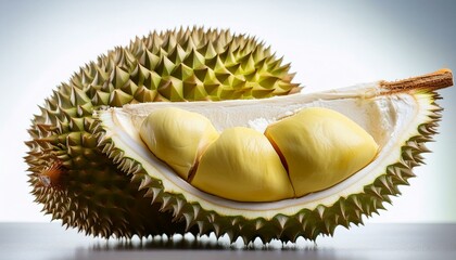 Obraz premium The King of fruits in South East Asia; an opened durian fruit with yellow and fat durian delicacy inside; food photography; dark background; 