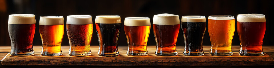 A vibrant display of assorted craft beers in glasses on a wooden bar, ideal for promoting nightlife events or Oktoberfest celebrations.