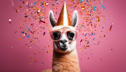 An alpaca or llama smiling in a party hat and sunglasses with celebration confetti flying everywhere; pink background; selective focus; 