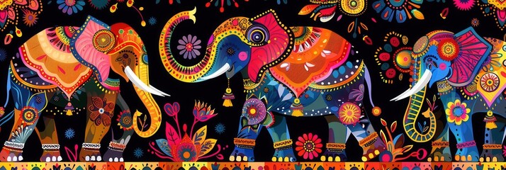 Fototapeta premium Colorful elephants adorned with intricate decorations participate in a lively Indian festival, showcasing rich cultural traditions and artistic expressions. Generative AI