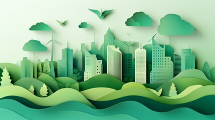 Eco-friendly cityscape illustration with green buildings, trees, and wind turbines promoting sustainable urban living.