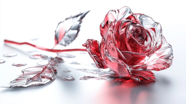 A 3D illustration of a rose with glass petals, fragile beauty, isolated on white background