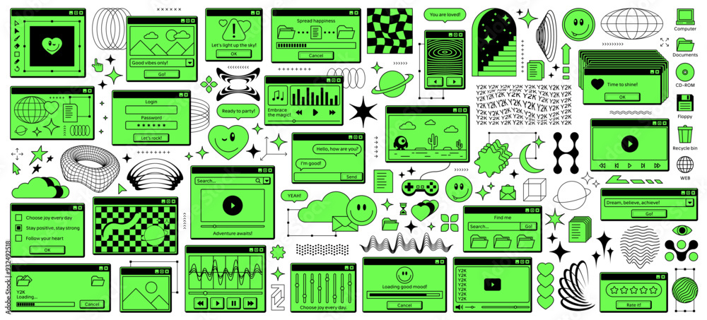 Aufkleber y2k retro window rave sticker. vector browser, old page with playful nostalgic icons on green toxic 