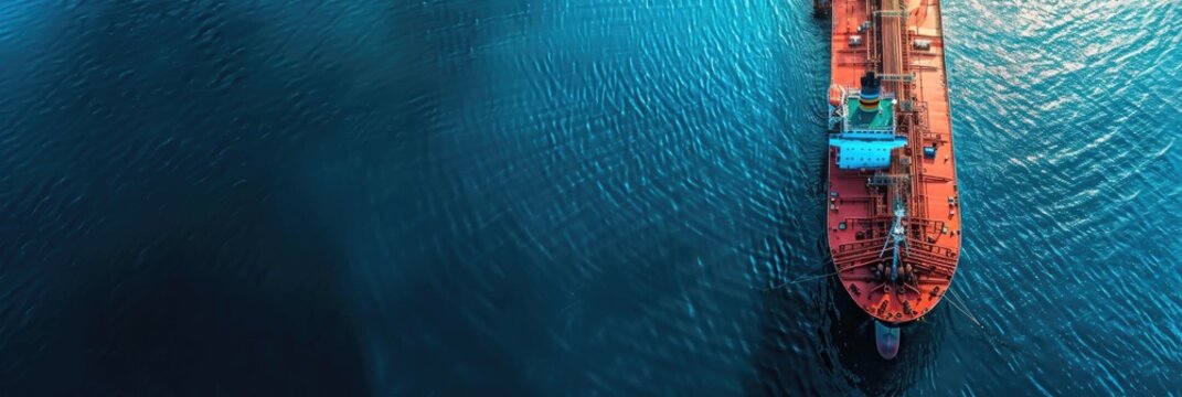 Aerial perspective of a gas pipeline facilitating oil delivery, with a tanker ship approaching a harbor for trade. Business logistics theme featuring space for text and design.