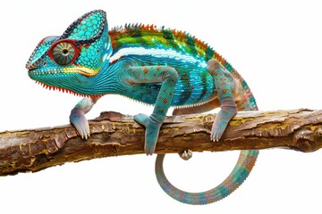 Colorful Chameleon Perched on Branch with Head Turned, Wildlife Nature Photography, Camouflage Animal in Natural Habitat, Reptile in Forest Environment