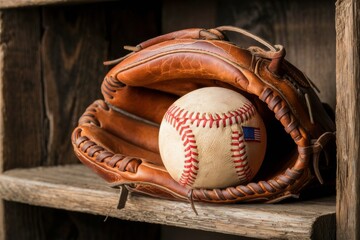 Vintage Baseball Glove and Ball on Shelf