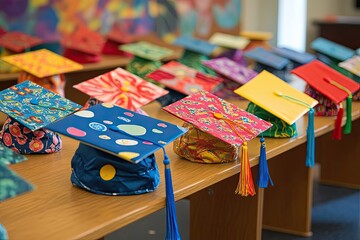 Fototapeta premium Colorful Graduation Caps Lined Up on a Wooden Table