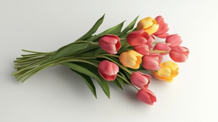 A hyperrealistic 3D render of a bouquet of tulips, fresh and elegant, isolated on white background