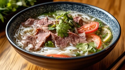 Savory Pho Bowl: Authentic Vietnamese Dish with Clear Broth, Rice Noodles, Herbs, and Beef Slices