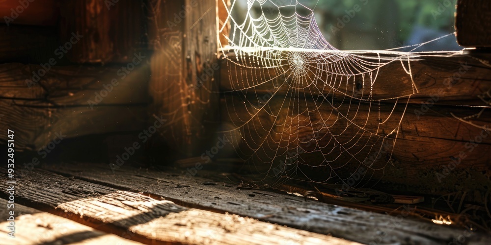 Sticker Sunlit spider web in rustic wooden shed