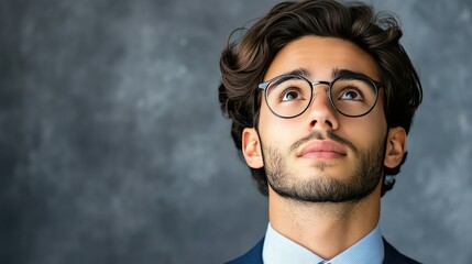 Fototapeta premium A young man in a suit gazes upward with confidence, showcasing a modern and professional look against a textured background.