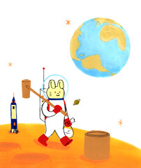 月で餅つきをするうさぎと、地球