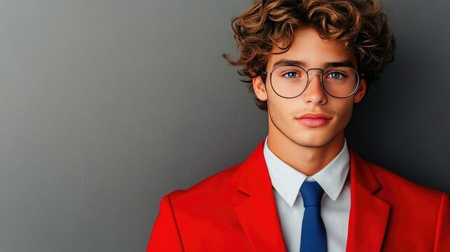 Stylish young man in a red blazer and glasses, exuding confidence against a neutral backdrop. Perfect for fashion or portrait themes.
