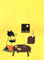 部屋からお月見をするバク