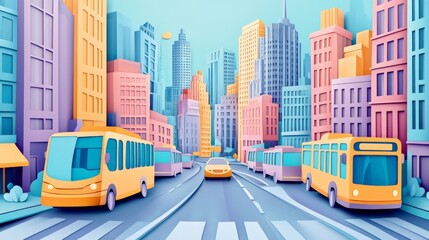 Vibrant cityscape with buses and buildings in colorful modern art style, showcasing urban life and transportation in a bustling city.