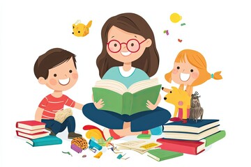 A Teacher Reading to Two Children Surrounded by Books