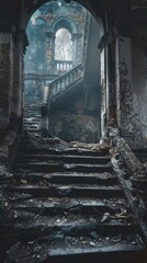 Fototapeta premium A dark staircase in an abandoned building, showcasing layers of dust, decay, and remnants of a forgotten past