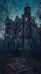 Obraz premium A dark, eerie castle stands abandoned at twilight, its windows glowing faintly amidst the overgrown surroundings