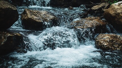 Closeup of a flowing stream cascading over rocks.