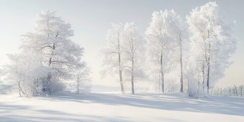 Obraz premium A serene winter landscape with snow-covered trees in soft white and grey tones, under a clear, pale blue sky, with gentle shadows creating a sense of calm and quiet.