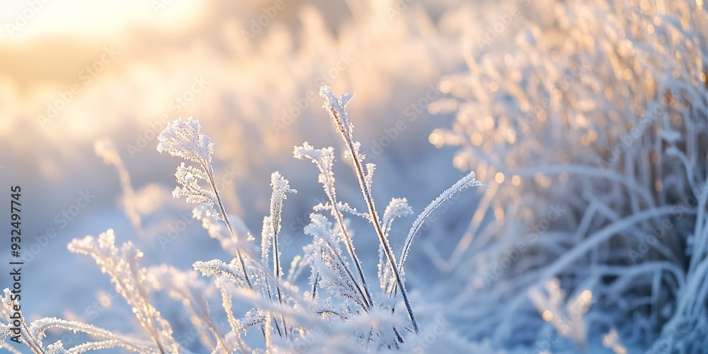 Sticker Snow covered grass and ice in winter various plants in agricultural field after frosts and snowfalls in Eastern Europe