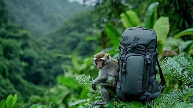 semi close-up of a group of monkeys skillfully opening a tourist's backpack in a dense tropical forest, vibrant green foliage surrounding the scene, highlighting the cleverness and audacity of the