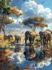 Elephants gather around a waterhole, while birds fly overhead and lush trees provide shade in the vibrant savanna. Generative AI