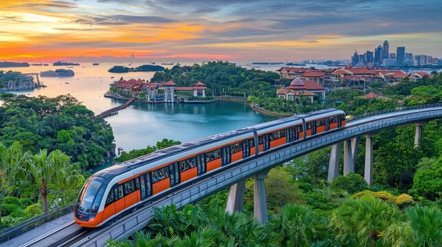 SINGAPORE CITY, SINGAPORE - MARCH 12, 2024: Sentosa Express monorail public transportation on Sentosa island in Singapore.