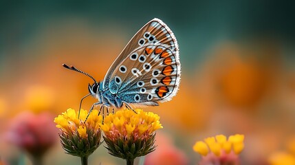 Obraz premium Blue and Orange Butterfly Perched on a Bright Yellow Flower: A Beautiful Contrast