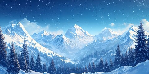 Majestic winter background with a mountain range covered in snow, deep blue sky, and pine trees.