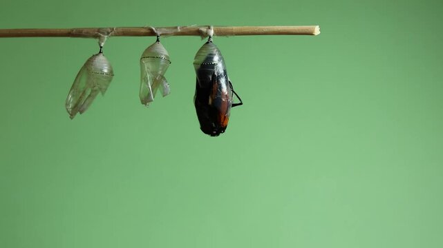 Monarch Butterfly, Danaus plexippus, emerges from chrysalis front angle light green background