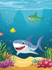 A Cartoon Shark Smiling with Other Sea Life in the Ocean