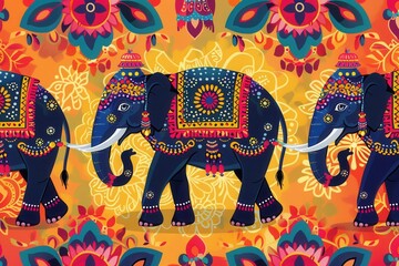Colorful elephants adorned with intricate decorations process joyfully through the bustling streets at a traditional Indian festival. Generative AI