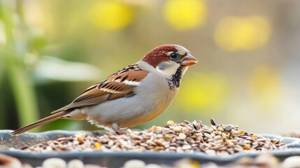 A Sparrow Enjoying Birdseed in a Dish