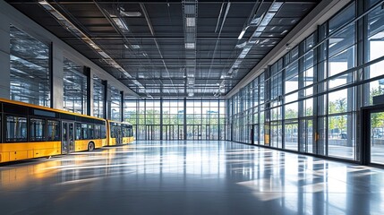 Modern Interior With Yellow Bus and Large Glass Windows