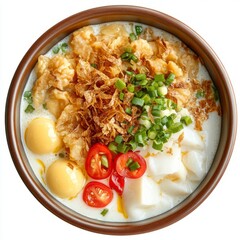 Close up of indonesian food, bubur ayam, on an isolated white background