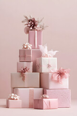 stack of gift boxes on the pink background.
