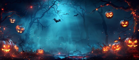 Fototapeta premium Halloween card featuring dark enchanted cave distant planet where 3D glowing alien crystal hang ceiling 2D ghostly digital bat fly around left side right side left blank spacious illuminated eerie 2D