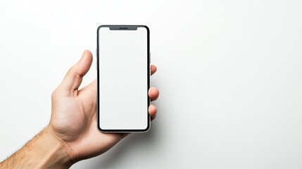 Palm presenting cellphone with white screen upright on plain background mockup