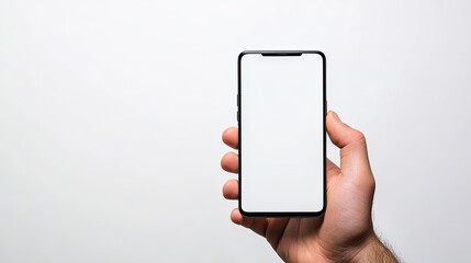Hand displaying smartphone with clear screen vertical on white backdrop mockup