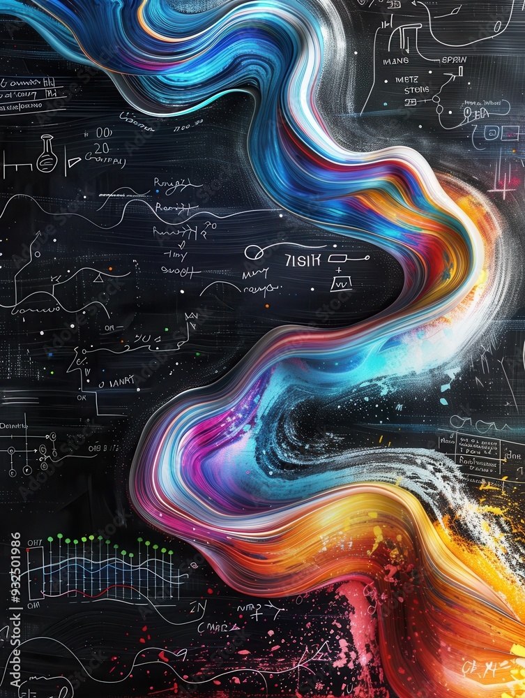 Poster Sweeping waves of colorful chalk strokes blend seamlessly with scientific diagrams and formulas on a textured chalkboard background. Generative AI