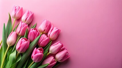 Pink tulips on a pink background top view for Valentine's Day history, pink, tulips, flowers, Valentine's Day