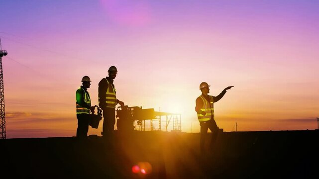 Dusk dedication: Silhouettes of a construction team working against a softly blurred pastel sunset, with light flares casting a warm, serene light on their tasks