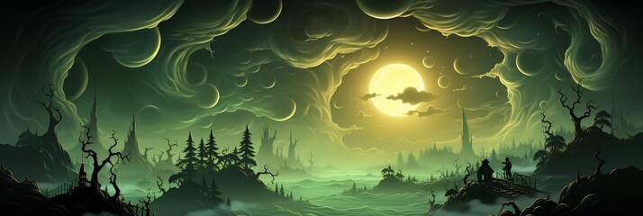 Halloween card featuring ghostly forest alien world where 3D tree branch made of metallic tendril 2D mist swirl around top right corner entire top right blank large surrounded swirling 2D mist blend