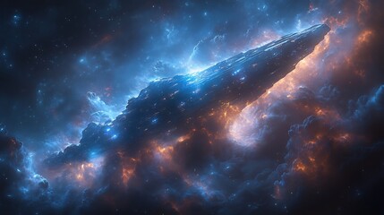 Fototapeta premium Halloween card featuring ghostly starship sailing through stormy nebula 3D glowing energy sail 2D plasma wave crashing along right side left side left blank where calm 2D space provides clear ample