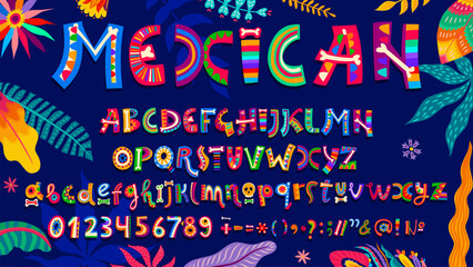 Mexican font, Hispanic typeface or Dead Day type, vector cartoon English alphabet. Mexican font letters or ABC typography for Dia De Los Muertos holiday fiesta with skull skeleton bones and flowers © Vector Tradition