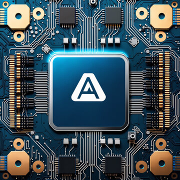 Artificial General Intelligence AI AGi, AGI CPU processor and computer system as technology CPU computer microchip, top view