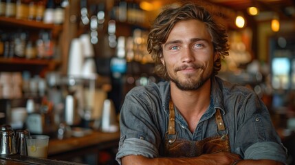 Obraz premium handsome baristworking in coffee shop standing behind counter bar university student working part time in cafe