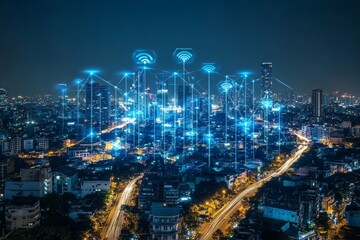 Futuristic smart city 5g network with urban background and high speed internet tech
