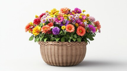 A 3D illustration of a flower arrangement in a wicker basket, bright and colorful, isolated on white background